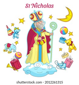 Saint Nicholas with a gift and a staff on a cloud on a white background with gifts, stars, the moon and the inscription "Saint Nicholas"