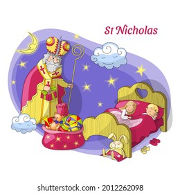 Saint Nicholas with a gift and a staff on a cloud near the bed with sleeping children and a bag with gifts, stars, the moon and the inscription "St Nicholas"