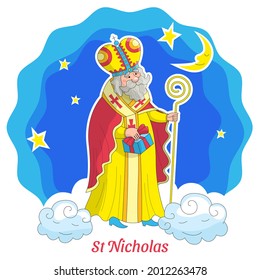 Saint Nicholas with a gift and a staff on a cloud on a blue background with stars, the moon and the inscription "St Nicholas"