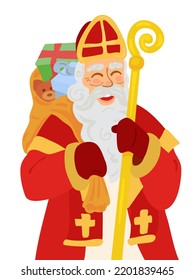 Saint Nicholas with gifts in bag, Isolated on white.The nature of Christianity in Orthodox, Catholics, Lutheran churches. 