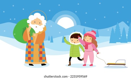 saint nicholas with gifts in a bag met children