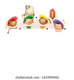 Saint Nicholas helpers on board - happy cute characters celebrate Dutch holiday - vector illustration isolated on white