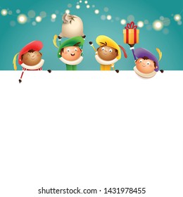 Saint Nicholas helpers on board - happy cute characters celebrate Dutch holiday - vector illustration on turquoise background with lights