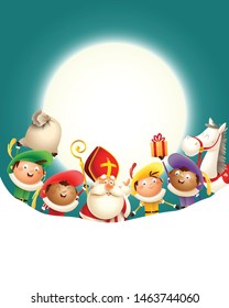 Saint Nicholas and his friends celebrate holiday in front of moon on turquoise background with copy space - greeting card