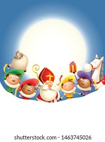 Saint Nicholas and his friends celebrate holiday in front of moon - blue background with copy space