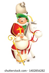 Saint Nicholas his green helper and white horse deliver gifts - vector illustration isolated on white background