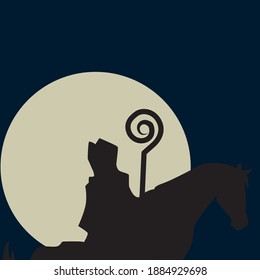 saint nicholas and his horse in silhouette with moon backdrop