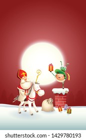 Saint Nicholas horse and helper Piet on chimney delivered gifts - happy cute characters celebrate holidays - vector illustration on red moonlight background