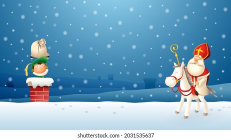 Saint Nicholas with horse on roof bringing gifts to children - winter landscape - Christmas holidays