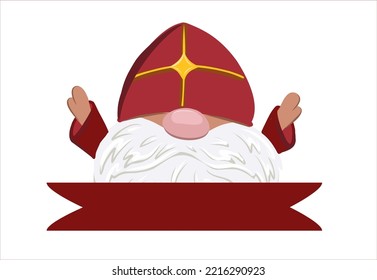 Saint Nicholas isolated on white background. Hands up. Page header. Saint Nicholas Day character. Winter children's holiday.