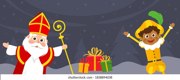 Saint Nicholas and kid celebrate holidays on winter landscape - banner