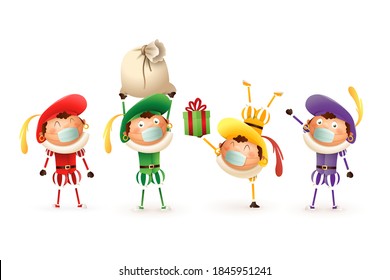 Saint Nicholas kids with anti virus mask celebrate Dutch holidays - cute vector illustration isolated on transparent background