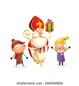 Saint Nicholas with kids girl and boy celebrate holidays - isolated on white background