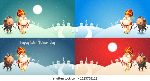 Saint Nicholas and Krampus is coming to town - banners  - winter scene backgrounds vector illustration