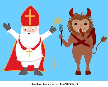 San Nicolás y Krampus adorables personajes de dibujos animados ilustraciones vectoriales. Elemento de diseño para vacaciones de invierno, Navidad, Año Nuevo, Día de San Nicolás. Avenencia católica europea tradicional 