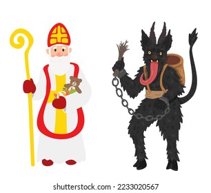 Saint Nicholas and Krampus. Illustration isolated on a white background.