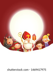 Saint Nicholas Krampus and kids celebrate holiday in front of moon - red background with copy space