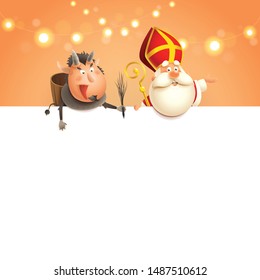 Saint Nicholas and Krampus on board - happy cute characters celebrate holiday - poster template on orange background