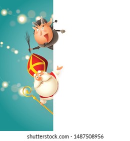 Saint Nicholas and Krampus on left side of board - Central European traditional characters - vector