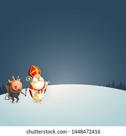 Saint Nicholas and Krampus at winter night presenting - vector illustration