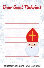 Saint Nicholas letter vector blank empty template with cute face portrait of St Nicholas or Sinterklaas. European winter tradition. Gifts ordering printable mail note.