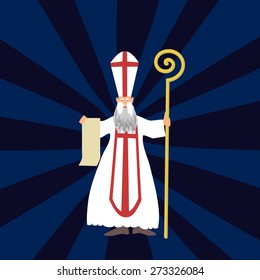 Saint Nicholas with long beard in traditional white clothing holding a red cross, miter, a crosier. He has blank paper (space for your text). Behind him is a simple blue radiant background.