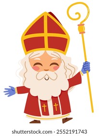 Saint Nicholas mascot character vector illustration. Lovely drawn Nikolaus with crutch and red robe