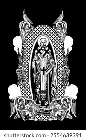 Saint Nicholas of Myra. Illustration with angels and seraphim in heaven black and white in Byzantine style