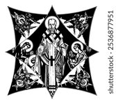 Saint Nicholas of Myra on cross dome with 4 apostles, angels and seraphim. Ink illustration black and white in Byzantine style isolated
