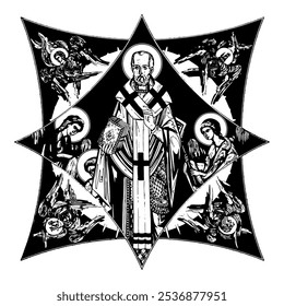 Saint Nicholas of Myra on cross dome with 4 apostles, angels and seraphim. Ink illustration black and white in Byzantine style isolated