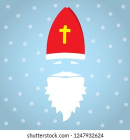 Saint Nicholas on blue background with dots as snowflake and shadow. Greeting Card. Flat design vector illustration.