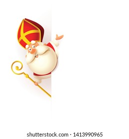 Saint Nicholas on left side of board - happy cute character celebrate holiday - vector illustration isolated on white