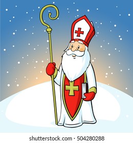 Saint Nicholas on snowy background - vector illustration