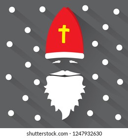 Saint Nicholas on white background with dots as snowflake and shadow. Greeting Card. Flat design vector illustration.