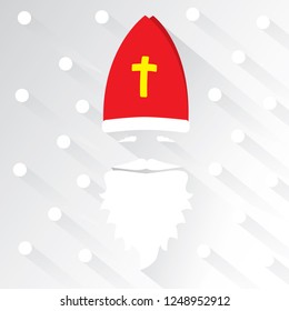 Saint Nicholas on white background with dots as snowflake and shadow. Greeting Card. Flat design vector illustration.