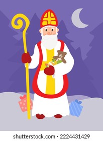 Saint Nicholas on winter landscape, purple night background.
