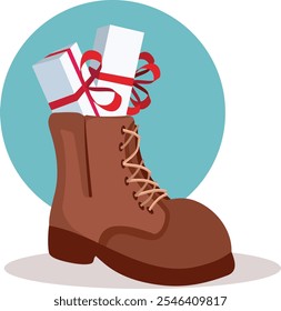 
Saint Nicholas Presents in a Boot Vector Illustration Holidays Design. Holidays footwear full of presents for the little kids 
