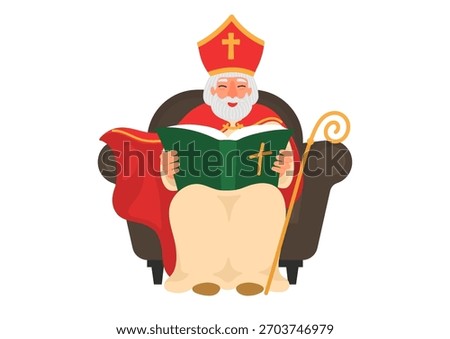 Saint Nicholas reads book sitting in armchair.