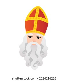 Saint Nicholas in a red-gold miter, gray beard isolated on a white background. Traditional Dutch holiday, Christmas, New Year. Colored vector illustration.