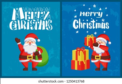 Saint Nicholas send wishes standing with sack full of presents, vector. New Year cartoon character Santa Claus put gifts on pile, winter holidays adventures