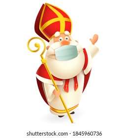 Saint Nicholas or Sinterklaas with anti virus mask celebrate Dutch holidays - cute vector illustration isolated on transparent background