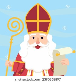 Saint Nicholas or Sinterklaas cartoon winter character isolated on blue