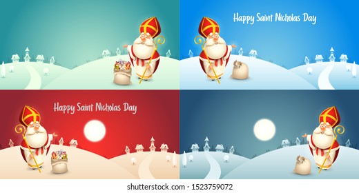 Saint Nicholas - Sinterklaas is coming to town - banners - winter scene backgrounds vector illustration