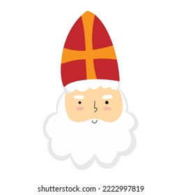 Saint Nicholas or Sinterklaas cute doodle portrait. vector illustration of St Nick head with hat isolated on white background. Children Christmas character old man bishop