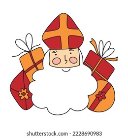 St. Nicholas oder Sinterklaas süßes Doodle-Porträt. Vektorgrafik von St Nick mit Geschenken, einfaches Doodle mit Kontur-Linie Umrisszeichnung. 