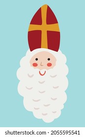 Saint Nicholas - Sinterklaas - Dutch Santa - old man face with beard in red mitre with cross portrait. Cute vector Christmas children character in simple hand drawn doodle style.