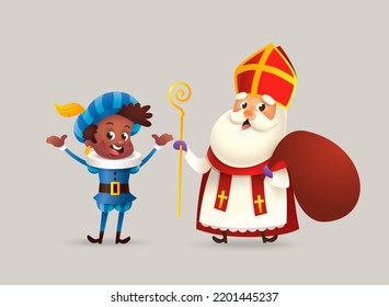 Saint Nicholas or Sinterklaas and friend celebrate Christmas holiday - cute vector illustration isolated