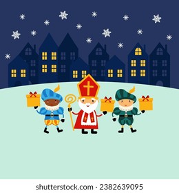 Saint Nicholas or Sinterklaas and friends celebrate Christmas holiday. Saint Nicholas and Piets celebrate Dutch holidays at winter night - vector 