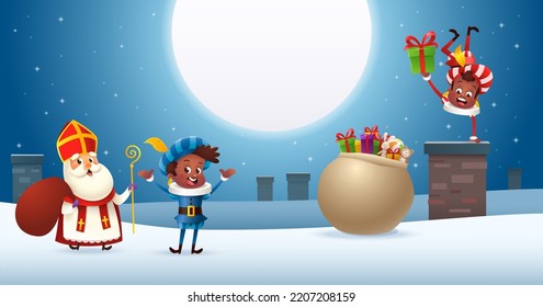 Saint Nicholas or Sinterklaas and friends deliver gifts on roof - winter night scene - Christmas holidays