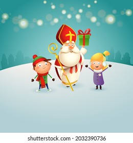 Saint Nicholas or Sinterklaas gives presents to children - winter night background